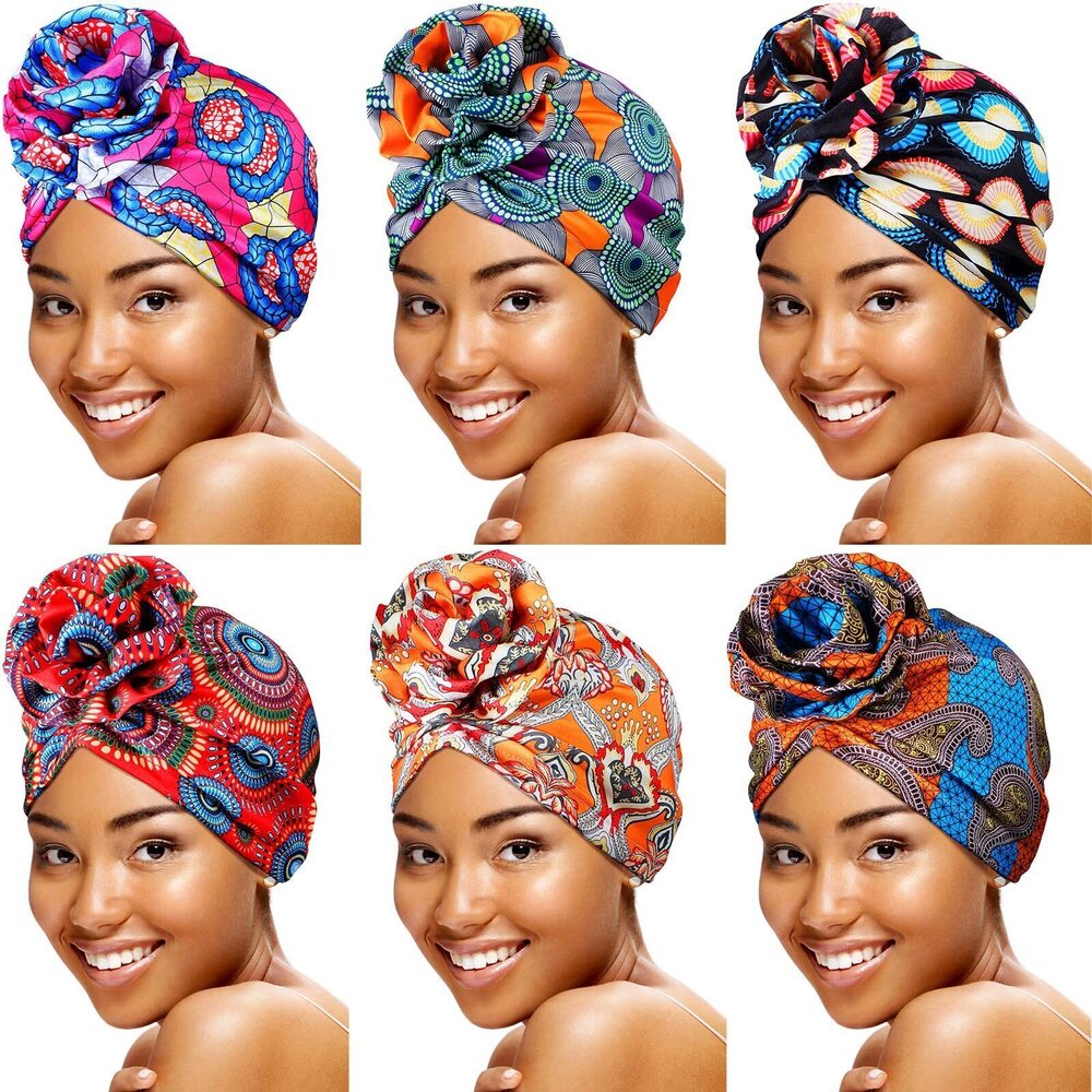 7871 6 Pieces Turbans African Pattern Knot Headwrap Pretied Bonnet Girls